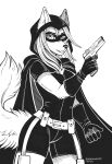  2022 5_fingers anthro black_and_white canid canine cape clothed clothing domino_mask female fingers fox fur gloves gun hair handgun handwear hi_res holding_gun holding_handgun holding_object holding_pistol holding_weapon hood jennifer_sherwood mammal mask monochrome pistol ranged_weapon signature sketch smile snowsnow11 solo weapon 