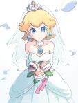  1girl 2022 bare_shoulders blonde_hair blue_eyes blush bouquet breasts bridal_veil bride choker cleavage dress earrings elbow_gloves gloves hair_up highres holding holding_bouquet jewelry lips lipstick looking_at_viewer makeup mammamiiiiiiiii mario_(series) petals pink_lips piranha_plant princess_peach small_breasts smile solo tiara veil watermark white_background white_choker white_dress white_gloves 
