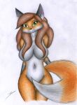  anthro breasts canid canine convenient_censorship eliza_gardis female fox hair hair_covering_breasts hi_res mammal nude sinaherib solo tail_censorship traditional_media_(artwork) 