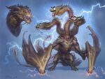  3_heads abs absurd_res anthro digital_media_(artwork) godzilla_(series) hi_res hydra kaiju king_ghidorah male multi_head muscular muscular_male nude open_mouth pecs scalie solo taran_fiddler toho 