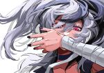  1girl absurdres bandaged_arm bandages choker collarbone commentary covering_mouth floating_hair flower_(vocaloid) hand_over_own_mouth hand_up highres long_hair looking_at_viewer mujikuro multicolored_hair nail_polish purple_hair purple_nails red_eyes slit_pupils solo streaked_hair upper_body vocaloid white_background white_hair 