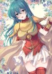  1girl :d aqua_eyes aqua_hair armor awayuki_ramika bangs blush breastplate cape commentary_request crossed_bangs dress eirika_(fire_emblem) fire_emblem fire_emblem:_the_sacred_stones floral_background gauntlets highres long_hair looking_at_viewer red_dress red_thighhighs shoulder_armor sidelocks skirt smile solo standing thighhighs white_skirt 