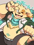  anthro bakedanooki belly bird_dog blush canid canine canis clothing cu_sith_(tas) domestic_dog floppy_ears footwear fur golden_retriever hi_res hunting_dog lifewonders male mammal one_eye_closed retriever sandals scarf slightly_chubby smile solo tokyo_afterschool_summoners video_games wink yellow_body yellow_fur 