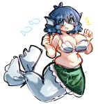  1girl blue_eyes blue_hair breasts bright_pupils cleavage clenched_hands drill_locks emerald_kitty fish full_body head_fins highres large_breasts looking_at_viewer mermaid monster_girl navel sarong shell shell_bikini short_hair simple_background smile solo touhou wakasagihime white_background white_pupils 