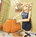  2022 anthro apron apron_only blokfort bottomless bovid breasts caprine clothed clothing english_text female food fruit goat halloween hi_res holidays horn inside mammal mostly_nude plant pumpkin solo text 