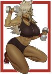  1girl :o abs absurdres animal_ears bandeau bangs bare_shoulders black_shorts breasts choker cleavage commission dark-skinned_female dark_skin doublehero exercise eyepatch ghislaine_dedoldia grey_hair hair_between_eyes highleg highres kneeling large_breasts long_hair looking_at_viewer muscular muscular_female mushoku_tensei navel one-eyed outside_border red_choker red_eyes red_footwear scar scar_on_stomach shoes shorts sneakers solo sports_bra tan thick_thighs thighs toned very_long_hair weightlifting weights white_background 