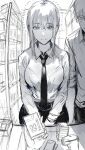  1boy 1girl breasts chainsaw_man closed_mouth denji_(chainsaw_man) greyscale hair_between_eyes hews highres indoors long_sleeves looking_at_viewer makima_(chainsaw_man) medium_breasts monochrome necktie shirt sidelocks sketch smile 