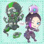  1boy 1girl \m/ animification apex_legends apex_legends_mobile armor artist_name black_gloves black_hair black_headwear black_pants black_shirt black_shorts black_vest blue_eyes breastplate chibi colored_tips cropped_vest falling fingerless_gloves gloves goggles heart lip_piercing mask mechanical_legs midriff mouth_mask multicolored_hair navel non-humanoid_robot octane_(apex_legends) official_alternate_costume one-eyed one_eye_closed pants piercing pointing pointing_up purple_hair reian rhapsody_(apex_legends) robot rowdy_(apex_legends) shirt short_hair shorts smile vest 