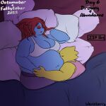  alphys anthro big_breasts blue_blanket blue_body blue_scales bottomwear bra breasts clothing dinosaur duo face_in_belly female fish grey_bottomwear grey_clothing grey_pants hair hand_holding hi_res marine number overweight overweight_female pants red_eyes red_hair reptile romantic romantic_couple scales scalie signature sleeping text undertale_(series) underwear undyne weight_gain wenisberry white_bra white_clothing white_underwear 