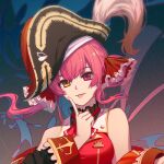  1girl bangs feathers gloves hat heterochromia hololive houshou_marine isumi_(yangyan) long_hair looking_at_viewer open_mouth pirate pirate_hat red_hair shirt sleeveless sleeveless_shirt solo upper_body virtual_youtuber 