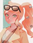  1girl bag bellhenge blue_eyes brown_coat coat eyewear_on_head hair_ornament handbag heart heart_hair_ornament long_hair looking_at_viewer orange_hair pokemon pokemon_(game) pokemon_swsh side_ponytail smile solo sonia_(pokemon) sunglasses upper_body 