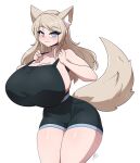  adjusting_clothing animal_humanoid big_breasts blue_eyes bottomwear breasts brown_hair canid canid_humanoid canine canine_humanoid clothing female fluffy fluffy_tail hair hi_res huge_breasts humanoid inner_ear_fluff long_hair looking_at_viewer mammal mammal_humanoid mrsakai shorts side_boob simple_background solo standing tuft watermark white_background wolf_humanoid 