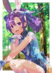  1girl :d animal_ears bangs black_shorts blue_bow blue_flower blue_vest blurry blurry_background bow commentary_request commission day depth_of_field fake_animal_ears feet_out_of_frame fir_(fire_emblem) fire_emblem fire_emblem:_the_binding_blade flower gloves hair_between_eyes hairband hand_up kou_hiyoyo parted_bangs ponytail purple_eyes purple_hair rabbit_ears shirt shorts skeb_commission smile socks solo squatting tree vest white_gloves white_hairband white_shirt white_socks 