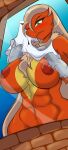 2016 abs annoyed anthro athletic athletic_anthro athletic_female bare_chest big_breasts blaziken blonde_hair blush breasts clothing cross-popping_vein embarrassed feathers female generation_3_pokemon green_eyes hair hi_res mastergodai navel nintendo nipples pokemon pokemon_(species) pokemorph red_body red_feathers sandra_tucker shirt solo survival_of_the_fittest talon_hands talons topwear undressing video_games window 