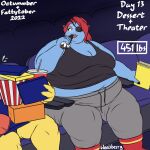  alphys anthro beverage big_breasts blue_body blue_scales bodily_fluids boots breasts candy chocolate clothing dessert dinosaur duo eating eye_patch eyewear female fish food footwear hair hi_res marine movie_theater number obese obese_female overweight overweight_female ponytail popcorn red_eyes red_hair reptile scales scalie shirt signature sitting soda sweat sweatdrop sweatpants tank_top text topwear undertale_(series) undyne weight_gain wenisberry 