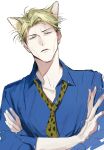  1boy absurdres animal_ear_fluff animal_ears animal_print blonde_hair blue_shirt cat_ears crossed_arms goggles green_eyes highres jujutsu_kaisen leopard_print long_sleeves looking_at_viewer male_focus mamita nanami_kento necktie parted_lips shirt solo yellow_necktie 