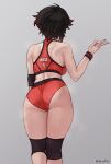  1girl ass back black_hair bluefield buruma facing_away highres knee_pads multicolored_hair red_hair ruby_rose rwby short_hair solo sports_bra streaked_hair sweat thighs 