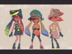  3girls agent_3_(splatoon) agent_3_(splatoon_3) bellhenge black_hair callie_(splatoon) cousins dress full_body green_hair hat inkling inkling_girl long_hair looking_at_viewer marie_(splatoon) multicolored_hair multiple_girls open_mouth sailor_hat sandals short_hair splatoon_(series) strapless strapless_dress tentacles two-tone_hair white_hair 