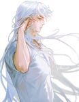  1boy adjusting_hair artist_name collared_shirt contemporary facial_hair from_side highres inuyasha long_hair male_focus mmmilk profile sesshoumaru shirt very_long_hair white_background white_hair yellow_eyes 