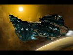  3d artist_name autodesk_3ds_max_(medium) commentary cruiser_(eve_online) dust dust_cloud energy eve_online flying from_side gallente_federation_(eve_online) glowing krats no_humans outdoors photoshop_(medium) planet science_fiction space spacecraft star_(symbol) thrusters vehicle_focus 