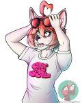  absurd_res anthro clothed clothing domestic_cat eyewear fangs felid feline felis girly hair hand_on_head hi_res male mammal red_hair solo stagshack sunglasses surprise waist_up 