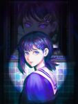  1girl bangs blue_shirt chainsaw_man closed_mouth commentary hair_ornament hairclip higashiyama_kobeni highres kozzz_y light looking_at_viewer looking_to_the_side mole mole_under_eye multiple_moles picture_frame ponytail portrait_(object) purple_eyes purple_hair ringed_eyes sailor_collar shirt short_hair short_ponytail solo symbol-only_commentary tile_wall tiles upper_body white_sailor_collar 