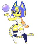  2022 animal_crossing ankha_(animal_crossing) anthro bandage biped blue_body blue_clothing blue_eyes blue_fur blue_hair blue_legwear blue_thigh_highs bob_cut capcom chest_wraps clothing cosplay crystal_ball digital_media_(artwork) domestic_cat egyptian_eyeliner egyptian_headdress eks-out featureless_feet felid feline felis female flat_chested fur hair hi_res legwear long_tail mammal markings menat_(street_fighter) navel nintendo pose simple_background solo street_fighter striped_markings striped_tail stripes tail_markings thick_thighs thigh_highs video_games white_background wide_hips wraps yellow_body yellow_fur 