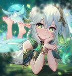  1girl absurdres bangs barefoot blurry blurry_background blurry_foreground bracelet bug butterfly chinese_commentary closed_mouth commentary_request cross-shaped_pupils day depth_of_field detached_sleeves dress falling_leaves feet female_child fungi_(genshin_impact) genshin_impact gradient_hair green_eyes green_hair hair_between_eyes hair_ornament head_rest head_tilt highres jewelry leaf leaf_hair_ornament legs_up long_hair looking_at_viewer lying multicolored_hair nahida_(genshin_impact) on_stomach outdoors pointy_ears side_ponytail sidelocks sleeveless sleeveless_dress smile tree white_dress white_hair xingchee 