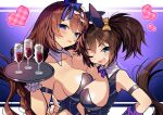  2girls ;d alternate_costume animal_ears asymmetrical_docking blue_bow blue_eyes bow breast_press breasts brown_hair commentary cup detached_collar ear_bow ear_covers fang from_side heart holding holding_tray horse_ears horse_girl inari_one_(umamusume) large_breasts looking_at_viewer looking_to_the_side multiple_girls one_eye_closed playboy_bunny signature smile super_creek_(umamusume) tray twintails umamusume upper_body wrist_cuffs yellow_bow zest_(lossol) 