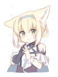  1girl animal_ear_fluff animal_ears arknights bangs bare_shoulders black_gloves blonde_hair blue_hairband blush braid closed_mouth cropped_torso fox_ears gloves green_eyes hair_between_eyes hair_rings hairband highres looking_at_viewer multicolored_hair ryoku_sui shirt simple_background single_glove smile solo steepled_fingers suzuran_(arknights) twin_braids two-tone_hair upper_body white_background white_hair white_shirt 