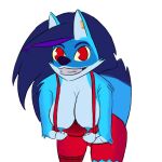  alexandliberty anthro big_hair biped blue_body blue_fur blue_hair breasts canid canine clothing dress female fur hair hi_res jayjay_(zoophobia) looking_at_viewer mammal red_clothing red_dress red_eyes sex smile solo sparkledog were werecanid werecanine werewolf zoophobia 
