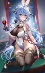  1girl adapted_costume ahoge alcohol animal_ears bangs bell black_gloves blue_hair blush breasts brown_thighhighs casino_card_table cleavage covered_navel crossed_bangs cup drinking_glass fake_animal_ears full_body ganyu_(genshin_impact) genshin_impact gloves hair_between_eyes highres holding holding_cup horns indoors large_breasts leotard long_hair looking_at_viewer machi_(7769) neck_bell parted_lips playboy_bunny rabbit_ears shoes sitting sitting_on_table solo table thighhighs very_long_hair white_footwear white_leotard wine wine_glass 