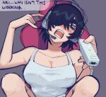  1girl bangs black_hair blush breasts chainsaw_man cleavage eyepatch game_console hair_over_one_eye headphones highres himeno_(chainsaw_man) large_breasts liowig looking_at_viewer open_mouth shirt short_hair simple_background sitting solo white_shirt wii 