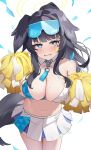  1girl absurdres animal_ears bangs bare_shoulders black_hair blue_archive blue_eyes blush breasts cheerleader cleavage collarbone confetti cowboy_shot dog_ears dog_girl dog_tail eyewear_on_head goggles goggles_on_head halo hibiki_(blue_archive) hibiki_(cheerleader)_(blue_archive) highres holding holding_pom_poms jbell large_breasts long_hair looking_at_viewer midriff miniskirt navel official_alternate_costume open_mouth pleated_skirt pom_pom_(cheerleading) skirt solo sunglasses tail very_long_hair white_skirt 