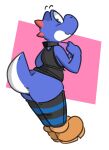  2018 anthro black_clothing blue_body blue_clothing blue_eyes blue_tail blush blush_lines clothing collar dogfluid horn legwear mario_bros markings multicolored_body nintendo orange_clothing red_body smile solo spikes spikes_(anatomy) stockings tail_markings thick_thighs topwear two_tone_body two_tone_tail video_games white_body white_tail yoshi 