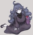  1girl @_@ absurdres ahoge bags_under_eyes bangs black_dress black_footwear black_hair commentary_request dress grey_background hair_between_eyes hairband hex_maniac_(pokemon) highres holding holding_poke_ball kana_hebi7 long_dress long_hair long_sleeves looking_at_viewer mary_janes messy_hair pale_skin poke_ball poke_ball_(basic) pokemon pokemon_(game) pokemon_xy purple_eyes purple_hairband ribbed_sweater shoes simple_background solo sweater turtleneck_dress very_long_hair 
