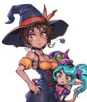  2girls bangs bare_shoulders bewitching_nidalee bewitching_poppy black_dress black_headwear blush bow bowtie breasts brown_hair cleavage collarbone cowboy_shot dress green_eyes hair_ornament hand_on_hip hat large_breasts league_of_legends multiple_girls nidalee orange_dress phantom_ix_row pink_bow pink_bowtie poppy_(league_of_legends) puffy_short_sleeves puffy_sleeves short_hair short_sleeves simple_background tooth_hair_ornament twintails wavy_mouth white_background witch_hat 