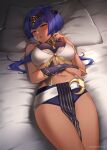  1girl bangs bare_shoulders blue_eyes blue_hair blush breath bridal_gauntlets candace_(genshin_impact) crop_top dark-skinned_female dark_skin egyptian_clothes genshin_impact gloves gold_trim head_on_pillow heterochromia jewelry legs_together looking_at_viewer lying navel neck_ring on_back on_bed parted_lips pelvic_curtain raised_eyebrows short_hair short_hair_with_long_locks shrimp_cake sidelocks solo thighs twitter_username yellow_eyes 