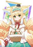  1girl animal_ears arknights bag bangs basket blonde_hair blue_hairband blue_skirt blush closed_mouth commentary_request crossover drd1 fox_ears fox_girl fox_tail frilled_hairband frills green_eyes hair_between_eyes hairband heixiu high-waist_skirt highres holding holding_basket jacket kitsune long_hair long_sleeves looking_at_viewer multicolored_hair neck_ribbon on_head open_clothes open_jacket puffy_long_sleeves puffy_sleeves red_ribbon ribbon shirt shoulder_bag skirt sleeves_past_wrists smile suzuran_(arknights) suzuran_(spring_praise)_(arknights) tail the_legend_of_luo_xiaohei two-tone_hair very_long_hair watermark web_address white_hair white_jacket white_shirt 