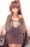  1girl alternate_costume breasts brown_eyes brown_hair brown_sweater cleavage closed_mouth collarbone cowboy_shot cup flower hair_between_eyes hair_flower hair_ornament highres holding holding_cup kantai_collection kasumi_(skchkko) large_breasts long_hair long_sleeves pink_flower ponytail smile solo sweater very_long_hair yamato_(kancolle) 