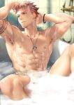  1boy abs arm_tattoo armpit_hair armpits bathing bathtub blue_eyes bracelet brown_hair closed_mouth completely_nude hand_on_own_head highres jewelry large_pectorals male_focus mondi_hl muscular muscular_male navel necklace nipples nude original pectorals short_hair solo tattoo twitter_username 
