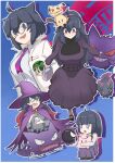  +_+ 1girl @_@ ahoge alternate_breast_size alternate_costume alternate_hairstyle bag bangs bespectacled black_hair blue_background blunt_bangs blush breasts character_name clefairy coat crystal_ball dress dusk_ball gastly gengar glasses hair_between_eyes hairband handbag hat haunter hex_maniac_(pokemon) hexagram highres hime_cut holding holding_bag john_(a2556349) large_breasts long_dress long_hair messy_hair mimikyu misdreavus multiple_views necktie open_mouth poke_ball pokemon pokemon_(creature) pokemon_(game) pokemon_xy purple_hairband purple_necktie red-framed_eyewear round_eyewear semi-rimless_eyewear shirt smile striped_necktie very_long_hair white_coat white_shirt witch_hat 