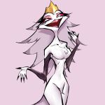  1:1 anthro avian beak breasts crown demon feathers female helluva_boss hi_res mature_female nude open_mouth open_smile ryee slim smile solo stella_(helluva_boss) text tongue white_body white_feathers 