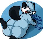  2022 anthro big_breasts big_butt black_eyes blue_background breasts butt cheek_tuft dewott dialogue eyelashes facial_tuft fangs female generation_5_pokemon head_tuft hi_res huge_butt lewdewott looking_back lutrine mammal mustelid nintendo open_mouth pokemon pokemon_(species) rear_view simple_background solo text thick_thighs tuft video_games wide_hips 