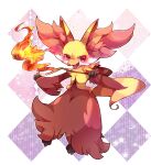  1other animal_ear_fluff animal_ears animal_feet animal_hands animal_nose arms_up blush commentary_request delphox fang fire fox_ears fox_tail full_body furry happy holding holding_stick looking_to_the_side multicolored_fur nose_blush open_mouth other_focus outline outstretched_arm pokemon pokemon_(creature) purple_background red_eyes red_fur shira_(sirairo116) smile snout solo standing star_(symbol) stick tail white_fur white_outline yellow_fur 