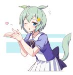  1girl absurdres animal_ears azu_ankoowl bangs blowing_kiss blue_eyes blush breasts ears_down flying flying_sweatdrops green_hair hair_ornament hairclip hands_up highres horse_ears horse_girl horse_tail looking_at_viewer one_eye_closed open_mouth puffy_short_sleeves puffy_sleeves purple_shirt sailor_collar seiun_sky_(umamusume) shirt short_sleeves skirt small_breasts solo sweat tail umamusume white_skirt 