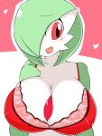  &lt;3 2020 big_breasts bra breasts cleavage clothed clothing female gardevoir generation_3_pokemon green_hair hair hi_res huge_breasts looking_aside nintendo open_mouth pokemon pokemon_(species) red_bra red_clothing red_eyes red_underwear runbasamba simple_background solo underwear video_games 