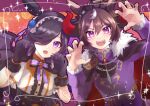  2girls animal_ears bangs bat_wings black_cape black_gloves black_hair black_hairband black_headwear black_wings blue_flower blue_rose bow bowtie brooch brown_hair cape center_frills claw_pose collared_shirt commentary days_in_a_flash_(umamusume) demon_horns ear_ornament fangs flower frilled_hairband frilled_sleeves frills fur-trimmed_cape fur_trim gloves hair_over_one_eye hairband highres hitsuji_no_shi horns horse_ears horse_girl jacket jewelry leaning_to_the_side long_bangs long_hair long_sleeves looking_at_viewer make_up_in_halloween!_(umamusume) medium_hair multicolored_hair multiple_girls official_alternate_costume open_mouth puffy_short_sleeves puffy_sleeves purple_bow purple_bowtie purple_eyes purple_jacket red_cape red_horns rice_shower_(make_up_vampire!)_(umamusume) rice_shower_(umamusume) rose sharp_teeth shinko_windy_(burst_out!_the_demon_king&#039;s_army_of_terror)_(umamusume) shinko_windy_(umamusume) shirt short_sleeves side-by-side smile sparkle star_(symbol) teeth tiara twitter_username two-sided_cape two-sided_fabric two-tone_hair umamusume white_hair white_shirt wings 
