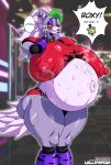 2022 absurd_res anthro big_breasts blush bodily_fluids breasts canid canine canis dialogue digital_media_(artwork) english_text eyebrows female five_nights_at_freddy&#039;s five_nights_at_freddy&#039;s:_security_breach hair half-closed_eyes hi_res huge_breasts lollipopcon looking_at_viewer mammal narrowed_eyes pregnant roxanne_wolf_(fnaf) scottgames sweat text video_games wolf 
