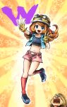  blue_eyes full_body helmet kicdon mona_(warioware) open_mouth orange_hair short_shorts shorts smile solo warioware 